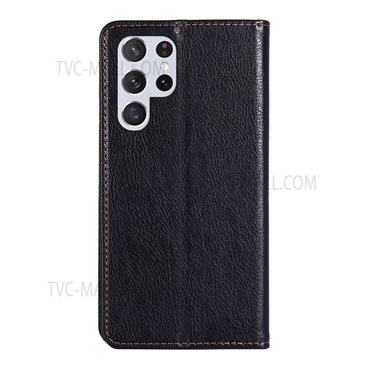 Wallet Design Solid Color Supporting Stand Auto-absorbed Leather Phone Case Shell for Samsung Galaxy S22 Ultra - Black-3