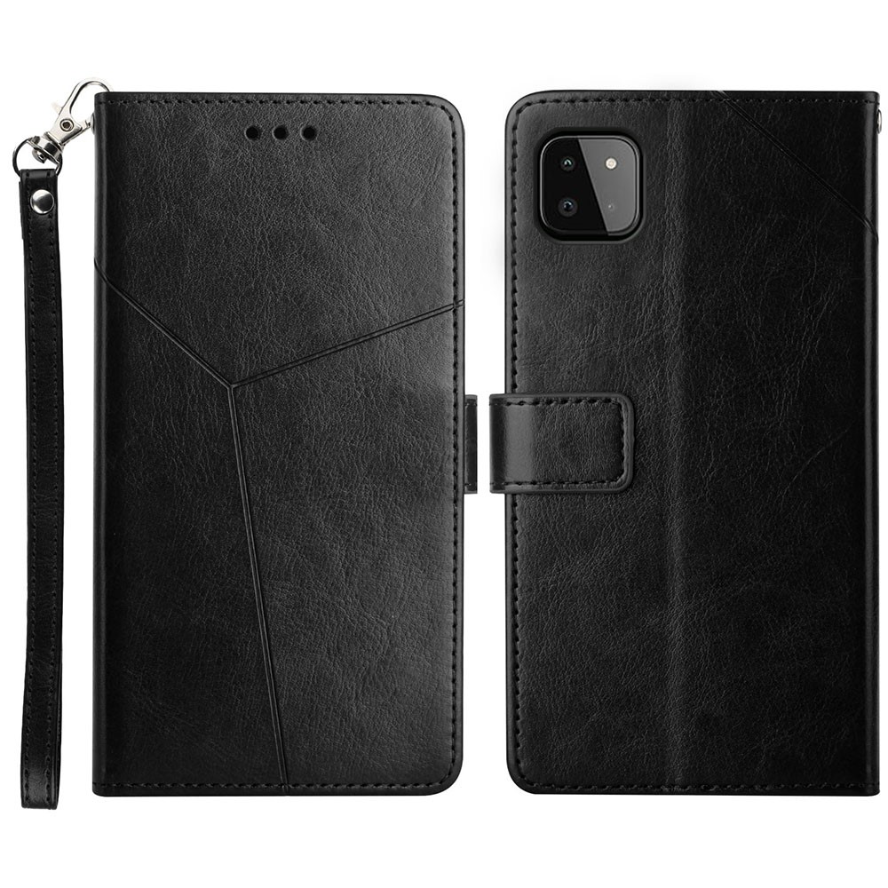 Y-shaped Line Imprinting Shock-absorbed PU Leather Phone Wallet Shell Stand Cover for Samsung Galaxy A22 5G (EU Version) - Black-1