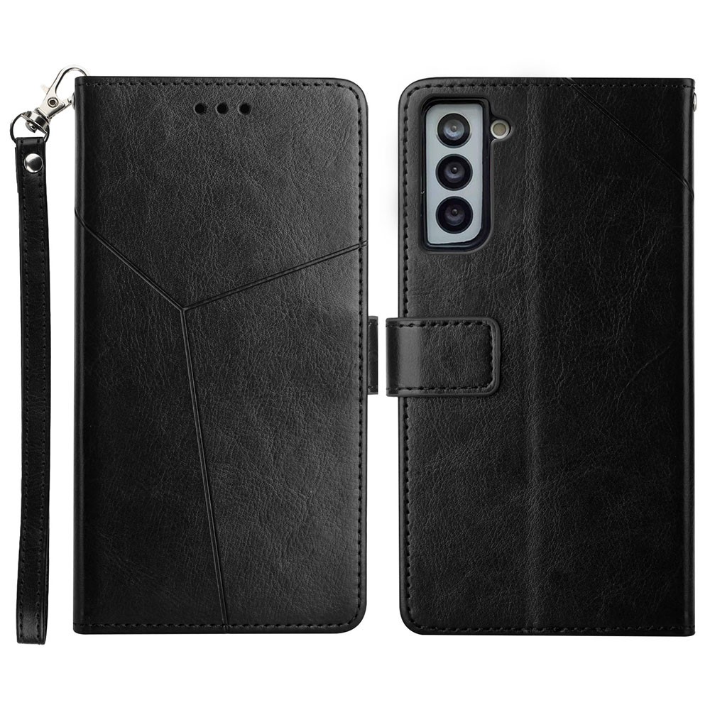 Y-Shaped Line Imprinting Solid Color Anti-Drop Stylish Wallet Stand Design PU Leather Phone Case for Samsung Galaxy S21+ 5G - Black-1