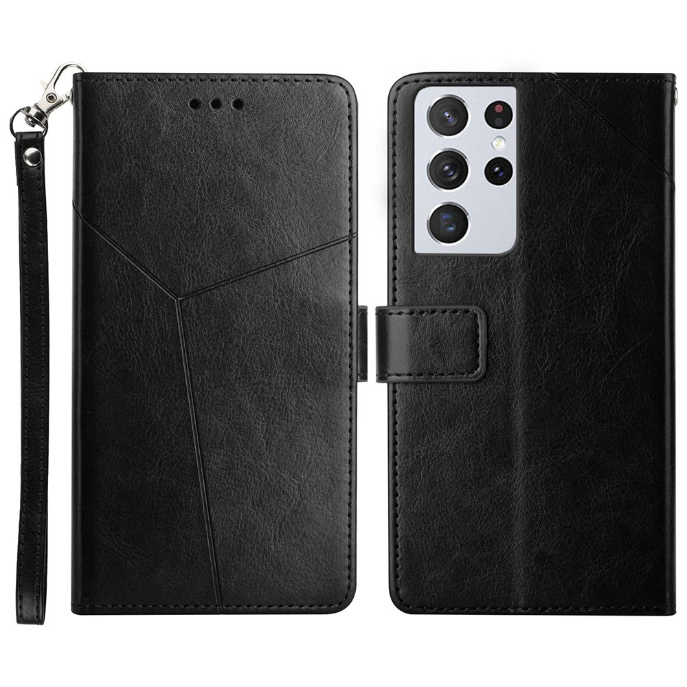 Y-Shaped Line Imprinting Solid Color Scratch-Resistant Wallet Stand Design PU Leather Phone Cover for Samsung Galaxy S21 Ultra 5G - Black-1