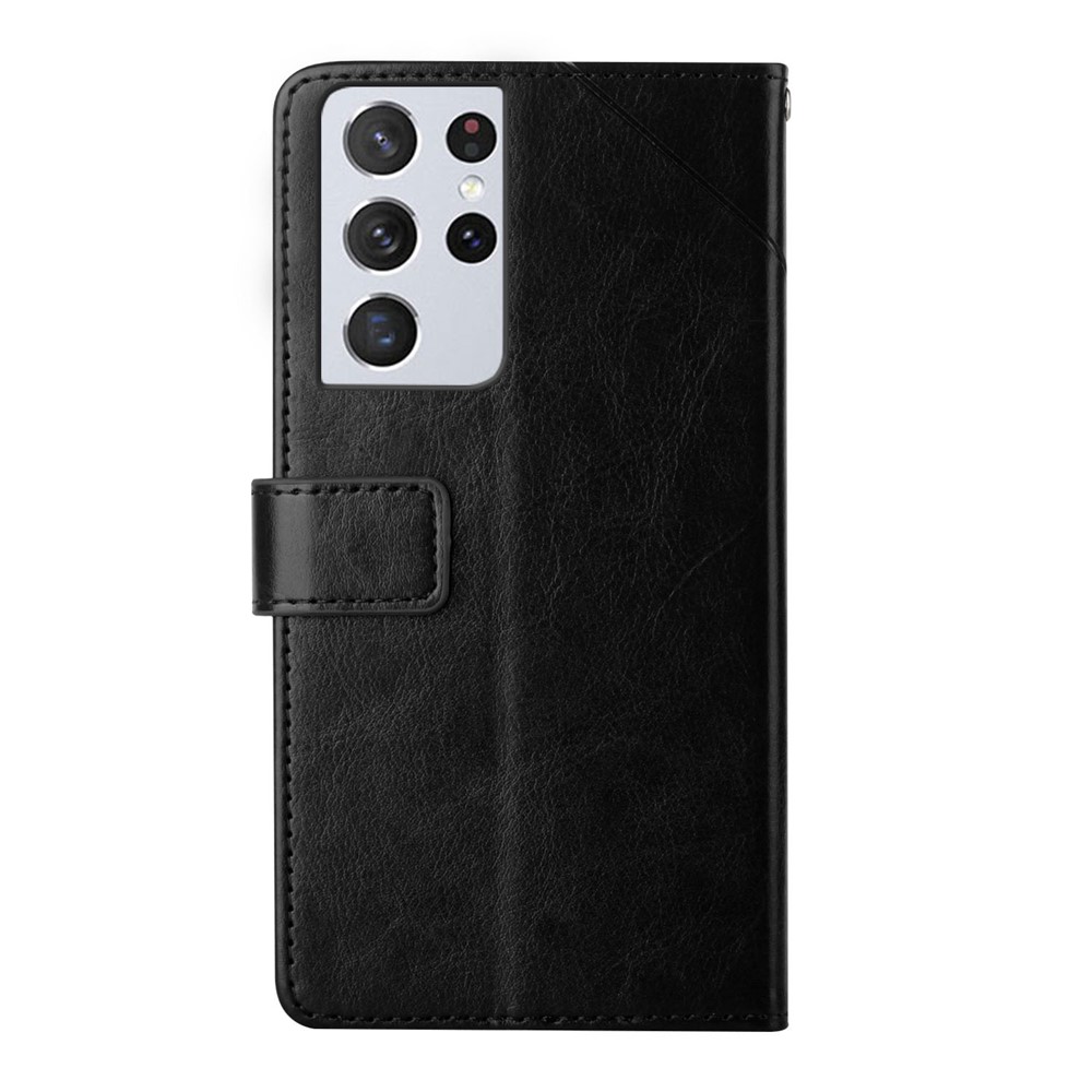 Y-Shaped Line Imprinting Solid Color Scratch-Resistant Wallet Stand Design PU Leather Phone Cover for Samsung Galaxy S21 Ultra 5G - Black-10