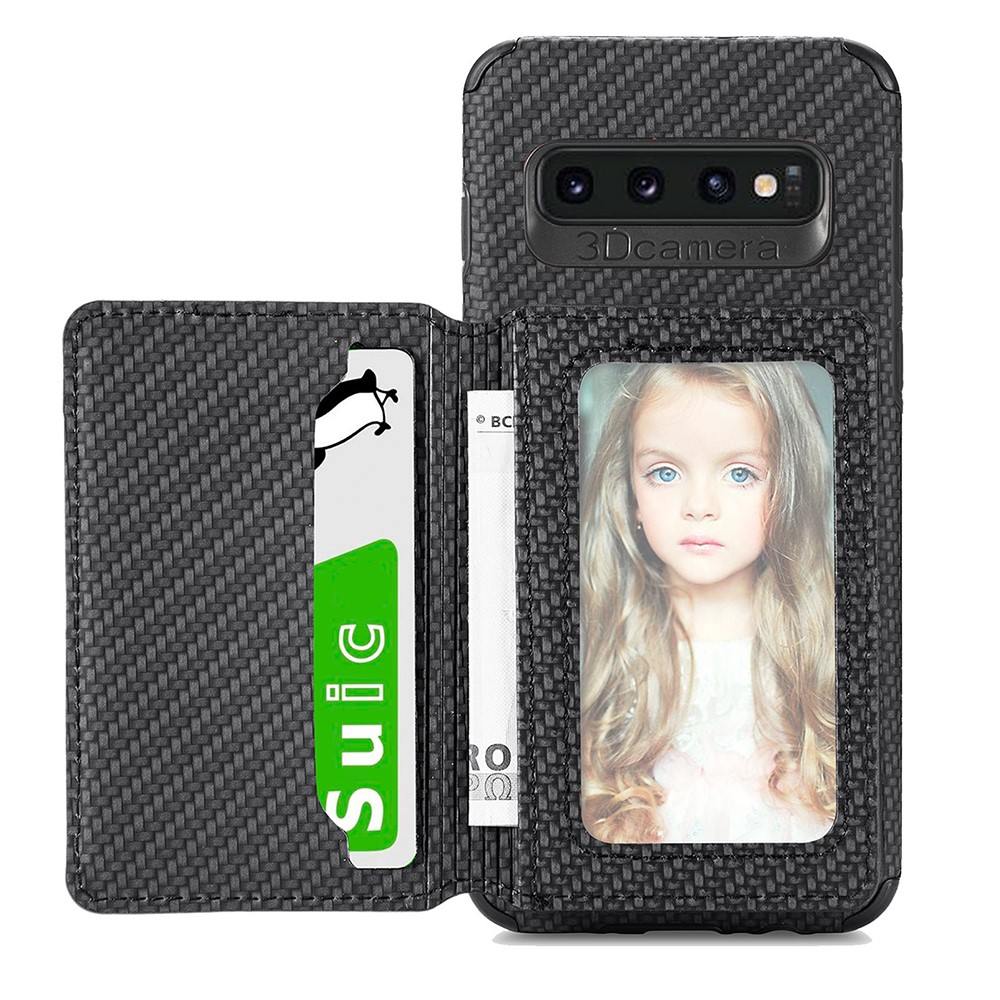 Wallet Design Woven Texture PU Leather Coated Kickstand Hybrid Phone Cover Case with Built-in Metal Sheet for Samsung Galaxy S10 Plus - Black-1