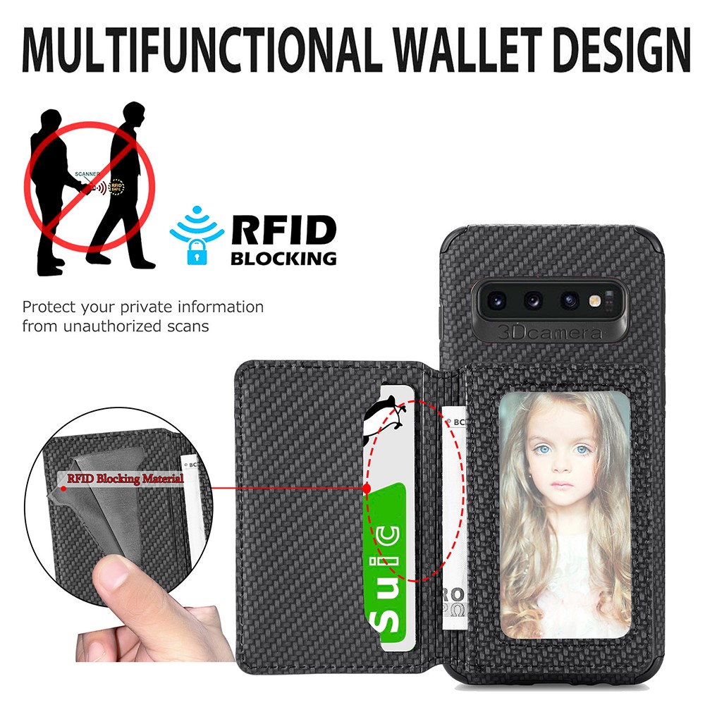 Wallet Design Woven Texture PU Leather Coated Kickstand Hybrid Phone Cover Case with Built-in Metal Sheet for Samsung Galaxy S10 Plus - Black-3