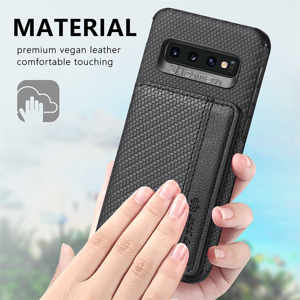 Wallet Design Woven Texture PU Leather Coated Kickstand Hybrid Phone Cover Case with Built-in Metal Sheet for Samsung Galaxy S10 Plus - Black-4