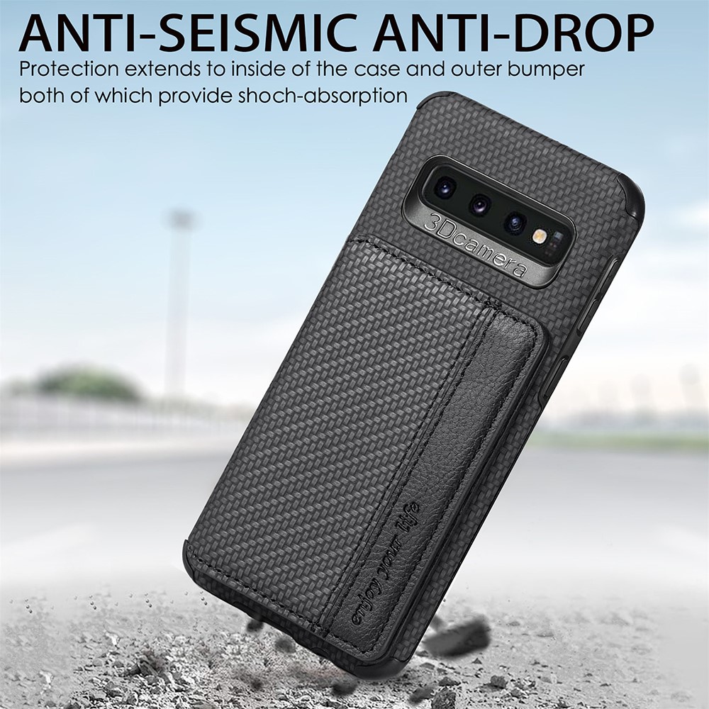 Wallet Design Woven Texture PU Leather Coated Kickstand Hybrid Phone Cover Case with Built-in Metal Sheet for Samsung Galaxy S10 Plus - Black-8