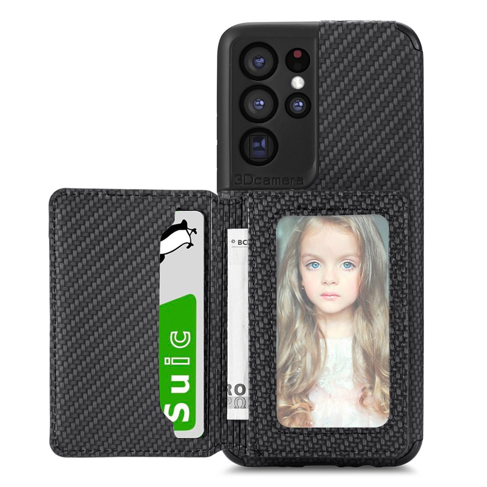 Woven Texture PU Leather Coated Protective Phone Shell Case with Kickstand and Wallet for Samsung Galaxy S21 Ultra 5G - Black-1