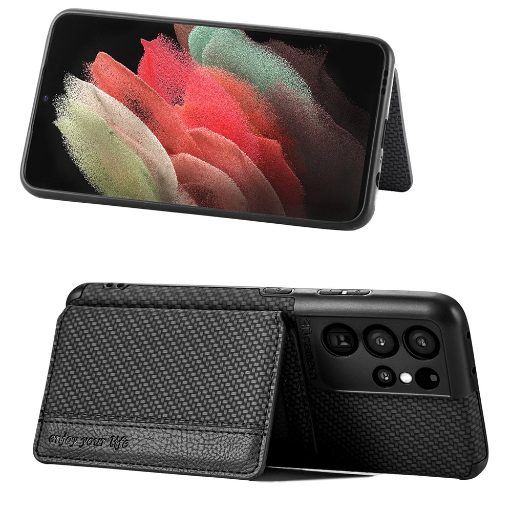 Woven Texture PU Leather Coated Protective Phone Shell Case with Kickstand and Wallet for Samsung Galaxy S21 Ultra 5G - Black-2