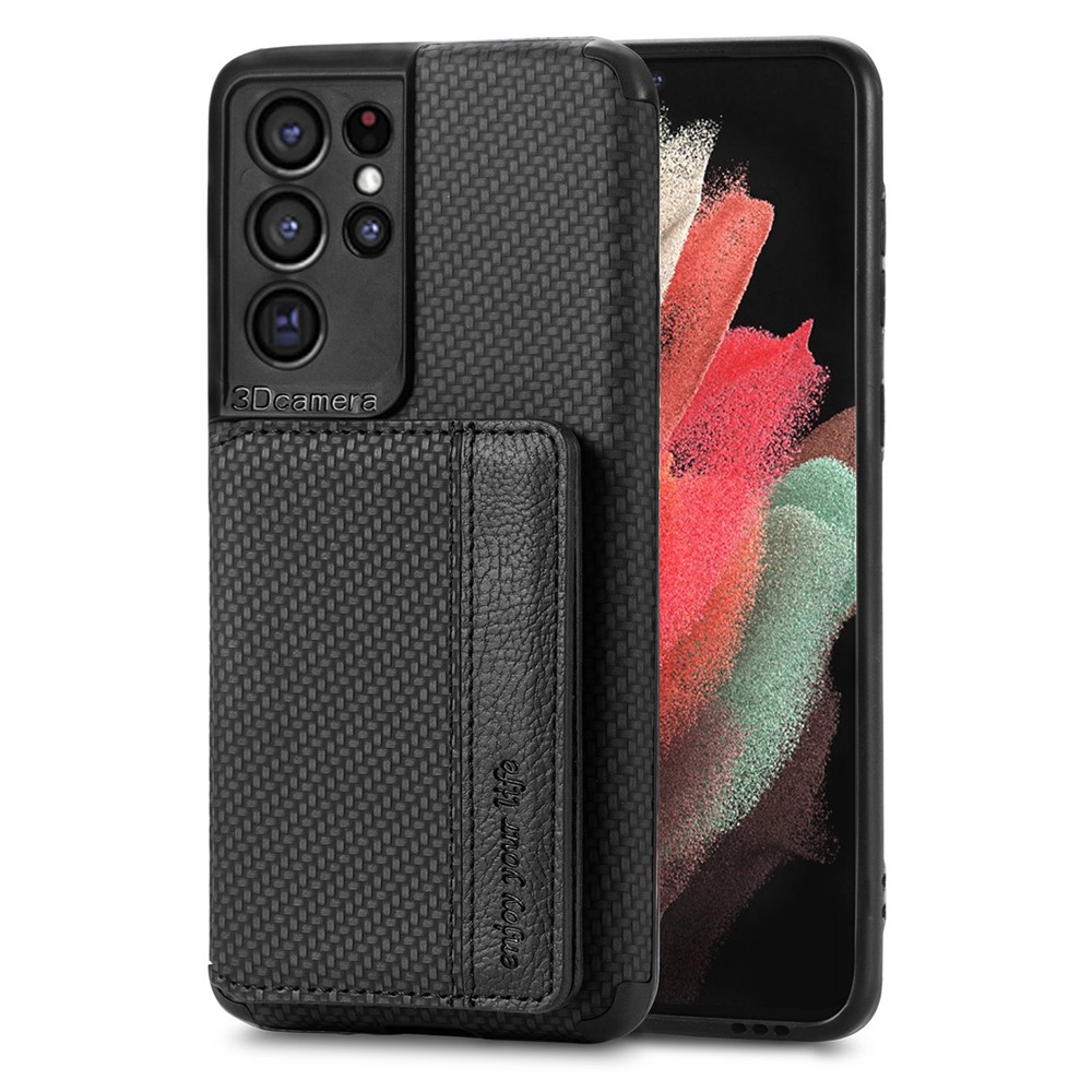 Woven Texture PU Leather Coated Protective Phone Shell Case with Kickstand and Wallet for Samsung Galaxy S21 Ultra 5G - Black-4