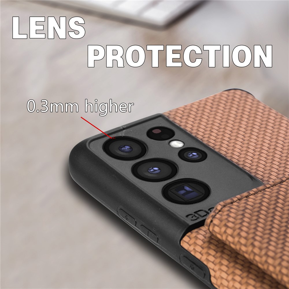 Woven Texture PU Leather Coated Protective Phone Shell Case with Kickstand and Wallet for Samsung Galaxy S21 Ultra 5G - Black-6