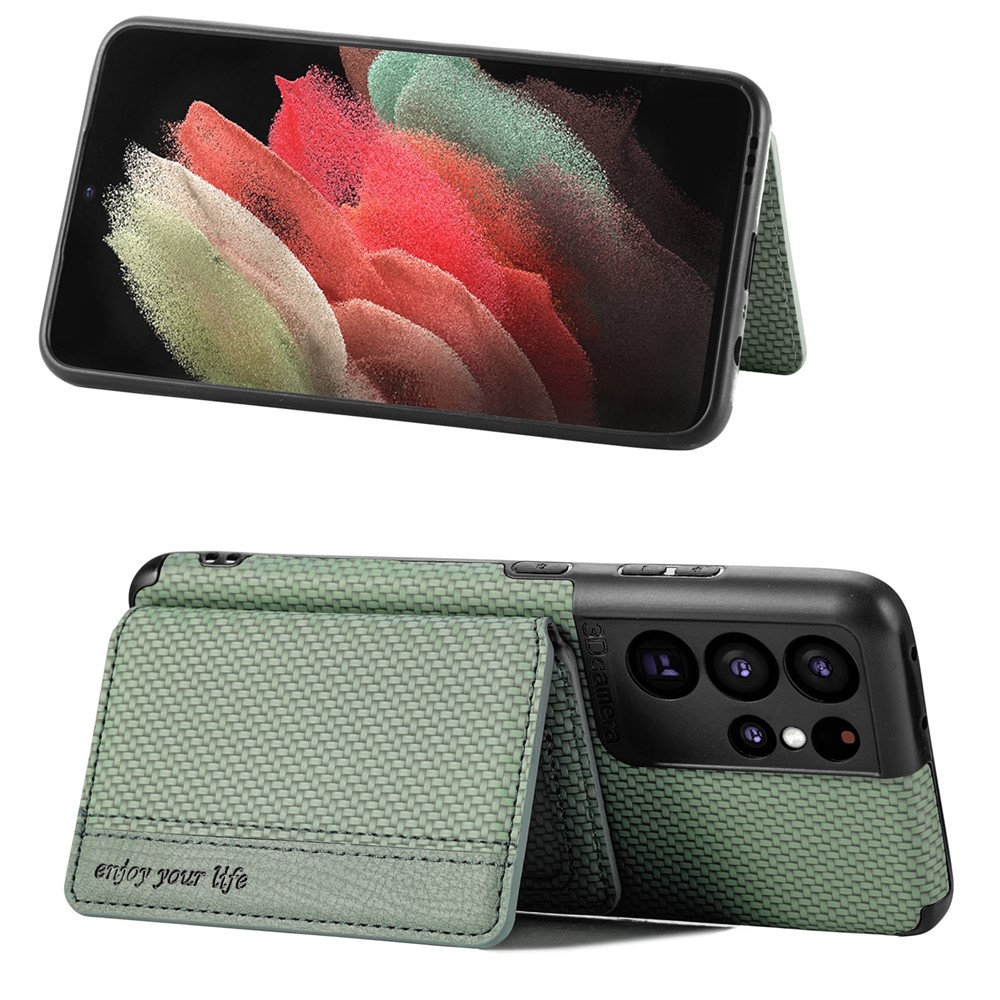 Woven Texture PU Leather Coated Protective Phone Shell Case with Kickstand and Wallet for Samsung Galaxy S21 Ultra 5G - Green-2