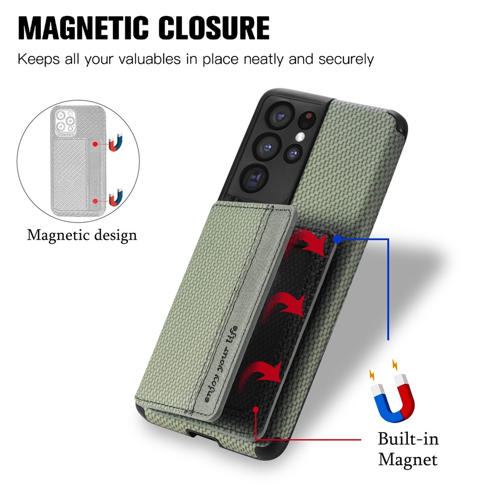 Woven Texture PU Leather Coated Protective Phone Shell Case with Kickstand and Wallet for Samsung Galaxy S21 Ultra 5G - Green-3