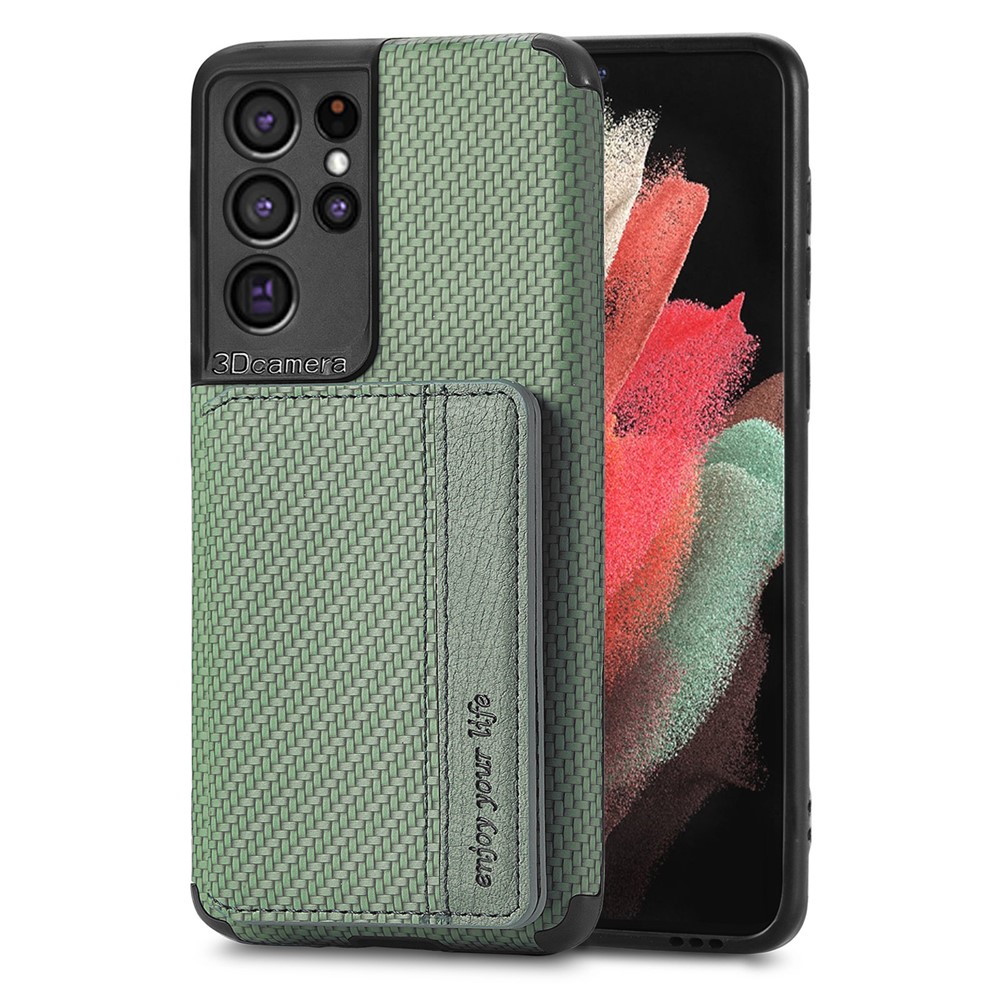 Woven Texture PU Leather Coated Protective Phone Shell Case with Kickstand and Wallet for Samsung Galaxy S21 Ultra 5G - Green-4