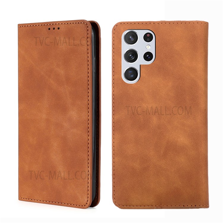 Skin-touch Feel Magnetic Auto Closing Leather Stand Case Phone Cover with Card Holder for Samsung Galaxy S22 Ultra - Light Brown-1