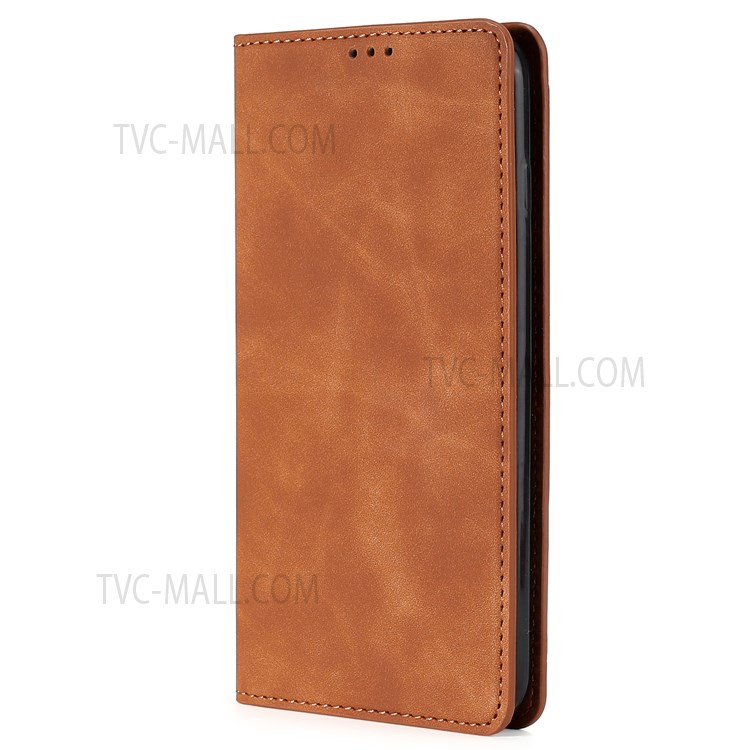 Skin-touch Feel Magnetic Auto Closing Leather Stand Case Phone Cover with Card Holder for Samsung Galaxy S22 Ultra - Light Brown-2