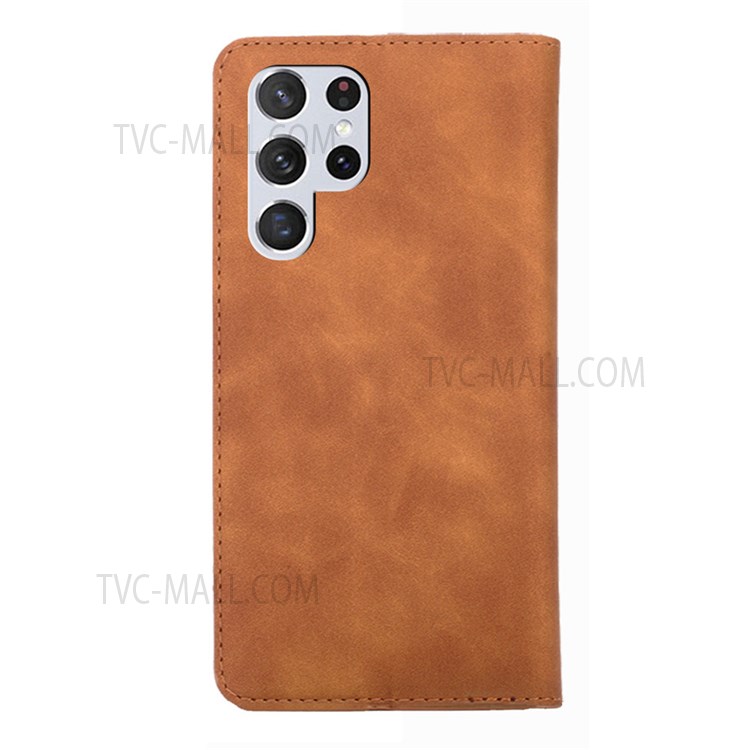 Skin-touch Feel Magnetic Auto Closing Leather Stand Case Phone Cover with Card Holder for Samsung Galaxy S22 Ultra - Light Brown-3