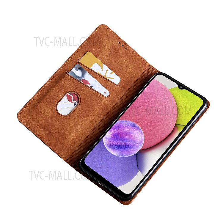 Skin-touch Feel Magnetic Auto Closing Leather Stand Case Phone Cover with Card Holder for Samsung Galaxy S22 Ultra - Light Brown-5