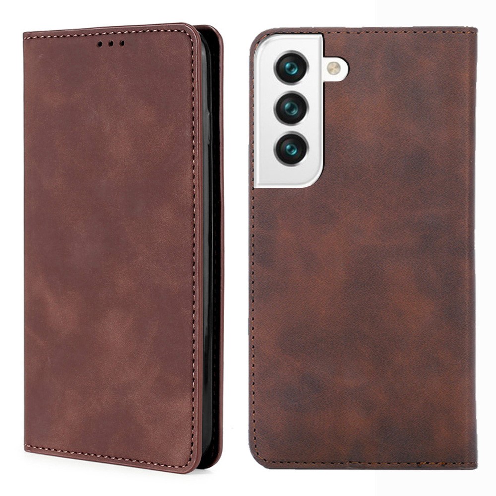 Magnetic Absorption Closure Skin Feel Leather Stand Card Slot Phone Case Shell for Samsung Galaxy S22 Plus - Dark Brown-1