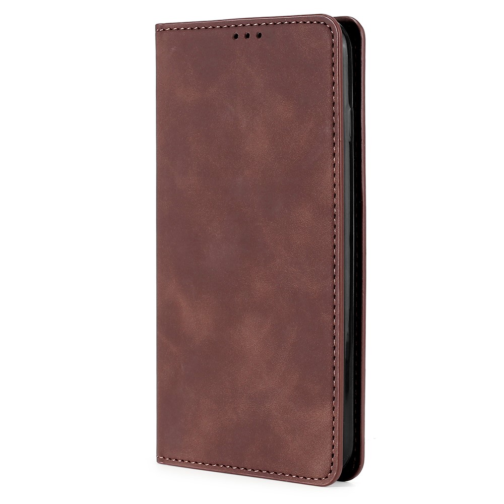 Magnetic Absorption Closure Skin Feel Leather Stand Card Slot Phone Case Shell for Samsung Galaxy S22 Plus - Dark Brown-2
