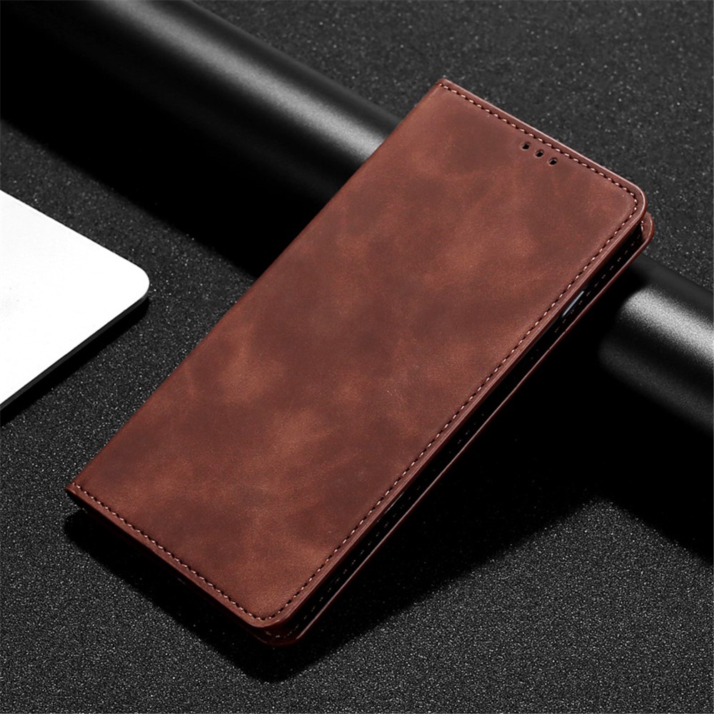 Magnetic Absorption Closure Skin Feel Leather Stand Card Slot Phone Case Shell for Samsung Galaxy S22 Plus - Dark Brown-6