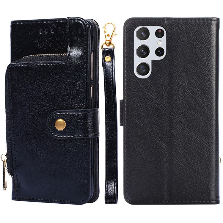 Flip Phone Case Wallet Stand Design Leather Case Zipper Pocket Phone Cover Shell with Strap for Samsung Galaxy S22 Ultra - Black-1