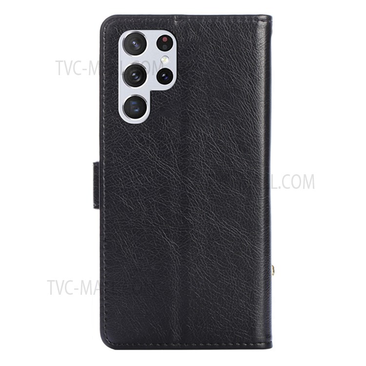 Flip Phone Case Wallet Stand Design Leather Case Zipper Pocket Phone Cover Shell with Strap for Samsung Galaxy S22 Ultra - Black-3