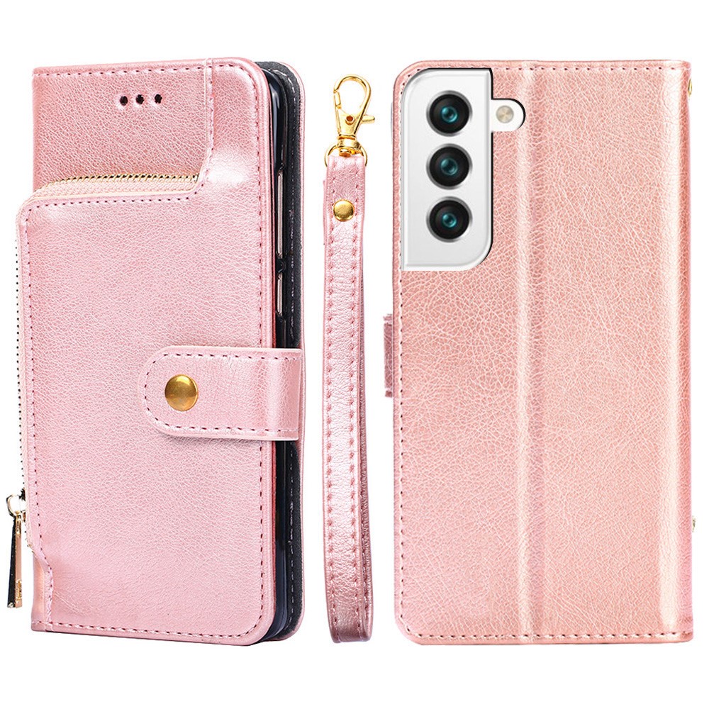 PU Leather+TPU Flip Phone Case Wallet Stand Design Zipper Pocket Phone Cover Shell with Strap for Samsung Galaxy S22 - Rose Gold-1