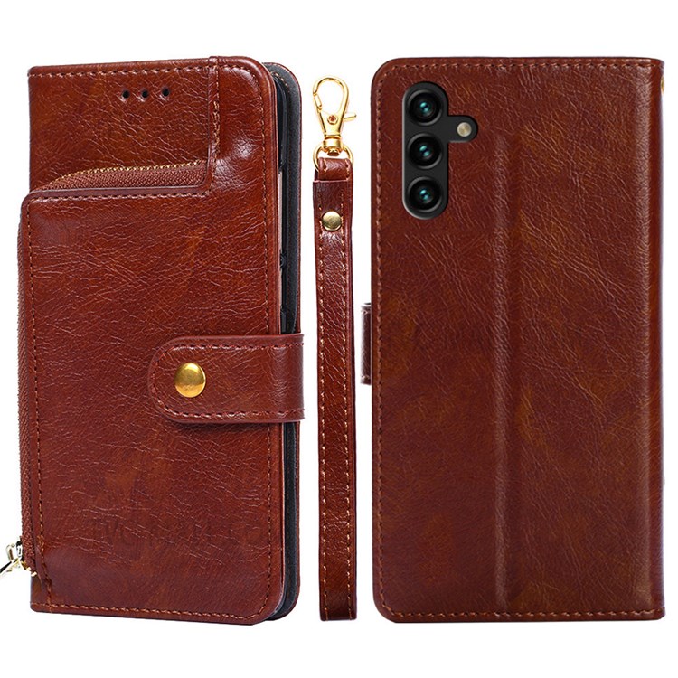 Shockproof Flip Phone Case Wallet Stand Design Leather Case Zipper Pocket Phone Cover Shell with Strap for Samsung Galaxy A13 5G - Brown-1