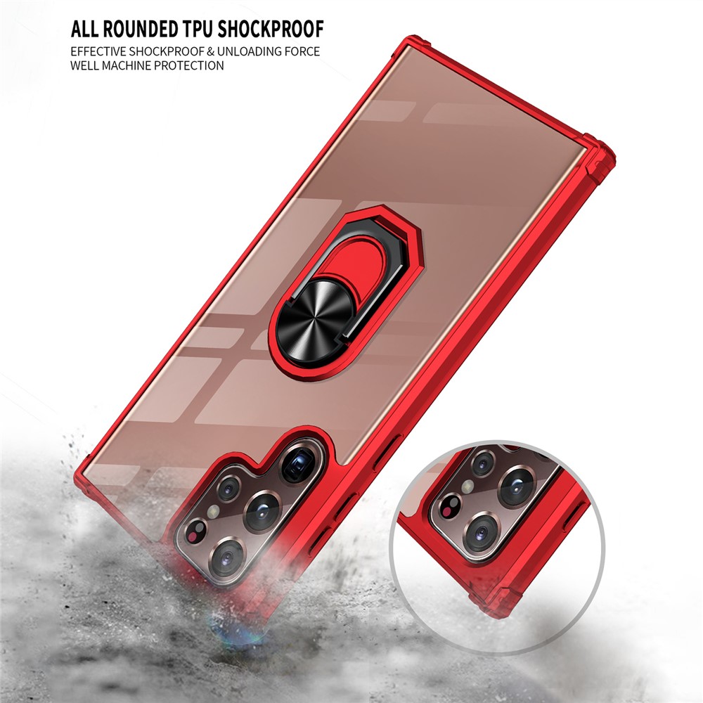 Built-in Metal Sheet PC + TPU Phone Cover Case with Ring Holder Kickstand for Samsung Galaxy S22 Ultra - Red-5