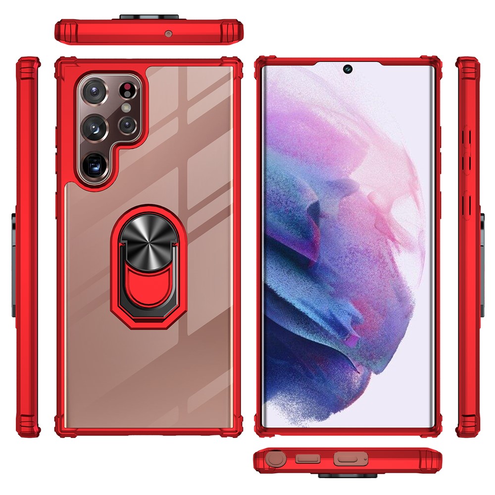 Built-in Metal Sheet PC + TPU Phone Cover Case with Ring Holder Kickstand for Samsung Galaxy S22 Ultra - Red-8