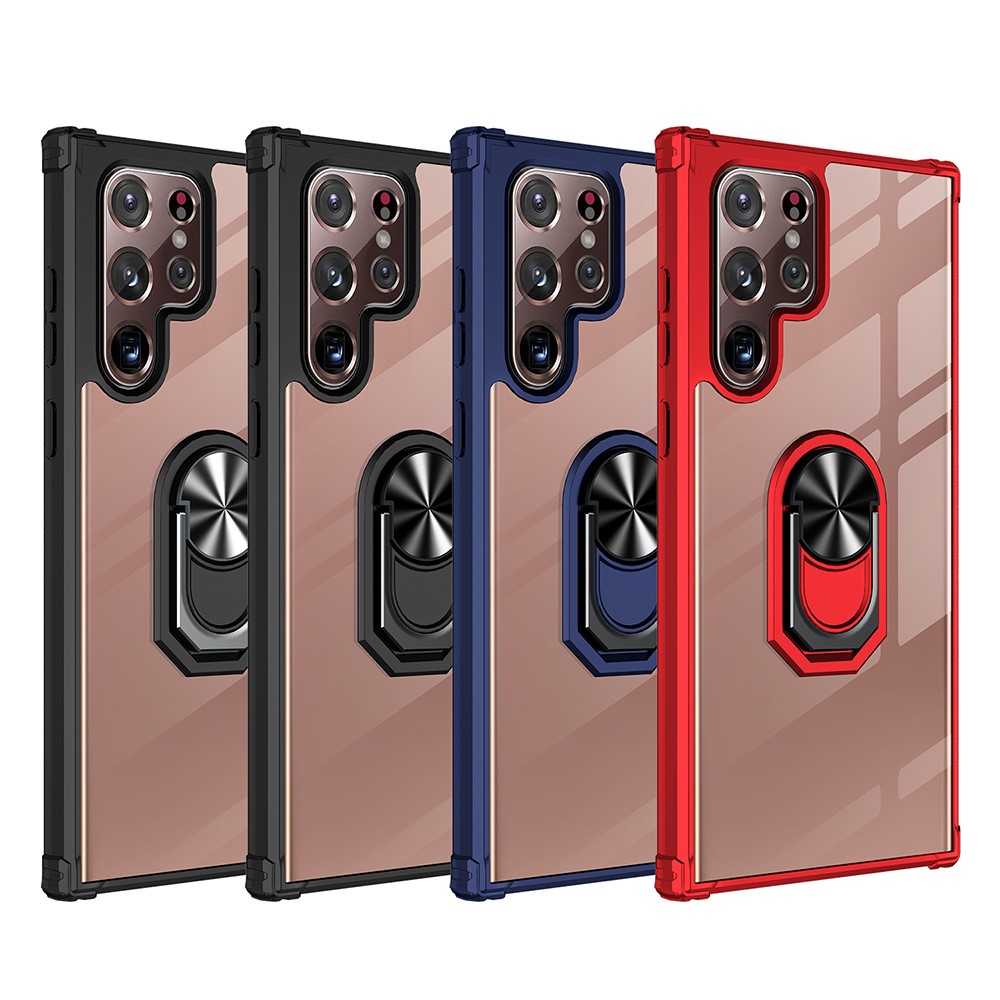 Built-in Metal Sheet PC + TPU Phone Cover Case with Ring Holder Kickstand for Samsung Galaxy S22 Ultra - Red-9