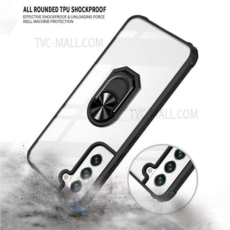 Rotary Ring Holder Kickstand PC + TPU Hybrid Phone Cover Case for Samsung Galaxy S22 - Black-5