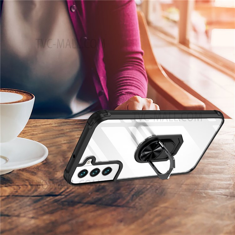 Rotary Ring Holder Kickstand PC + TPU Hybrid Phone Cover Case for Samsung Galaxy S22 - Black-7