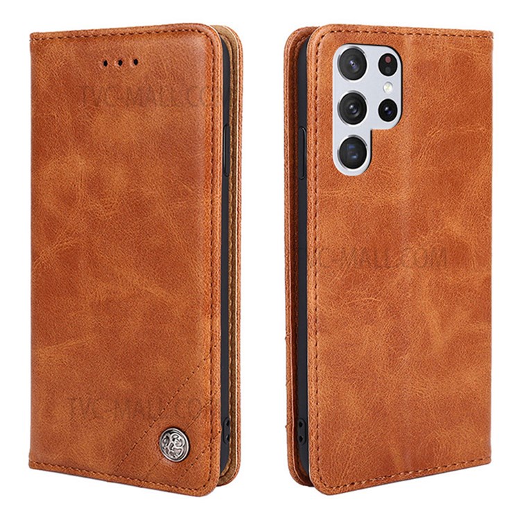Triangle Stitching Line Leather Wallet Phone Stand Case for Samsung Galaxy S22 Ultra - Brown-1