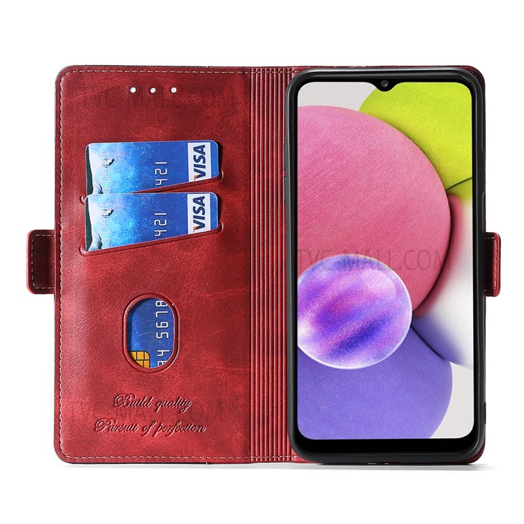 Side Buckle Design Contrast-color Anti-drop Shockproof Leather Wallet Phone Cover for Samsung Galaxy S22 - Red/Black-4