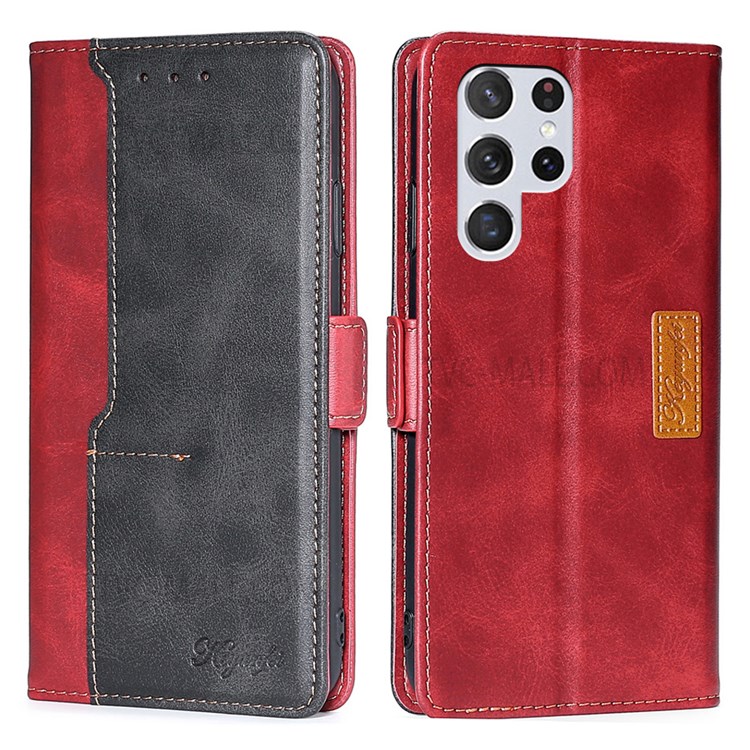 Side Buckle Design Contrast-Color Scratch-Resistant Well-Protected Leather Wallet Phone Cover for Samsung Galaxy S22 Ultra - Red/Black-1