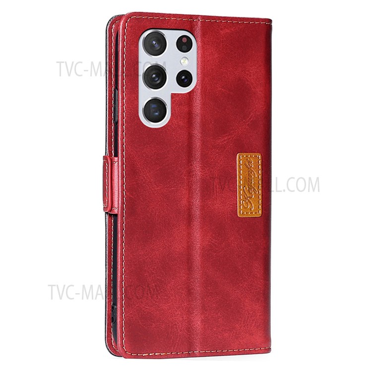Side Buckle Design Contrast-Color Scratch-Resistant Well-Protected Leather Wallet Phone Cover for Samsung Galaxy S22 Ultra - Red/Black-3