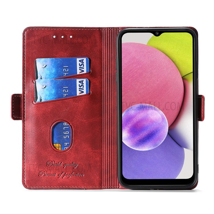 Side Buckle Design Contrast-Color Scratch-Resistant Well-Protected Leather Wallet Phone Cover for Samsung Galaxy S22 Ultra - Red/Black-4