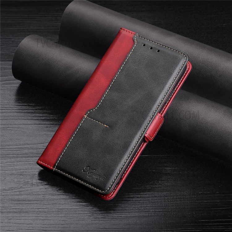 Side Buckle Design Contrast-Color Scratch-Resistant Well-Protected Leather Wallet Phone Cover for Samsung Galaxy S22 Ultra - Red/Black-8