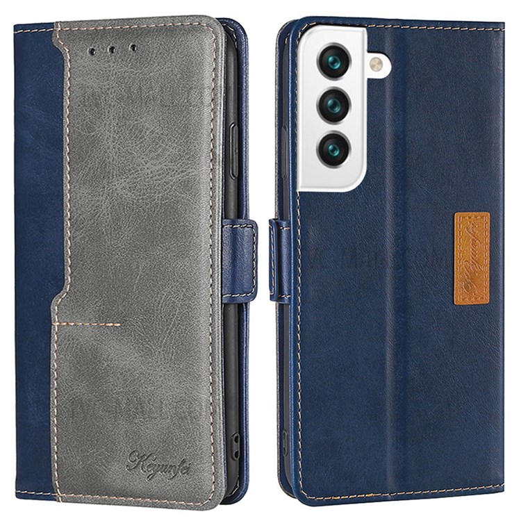 Side Buckle Design Contrast-color Wallet Stand Design Shockproof Full Protection Leather Phone Cover for Samsung Galaxy S22 Plus - Blue/Grey-1
