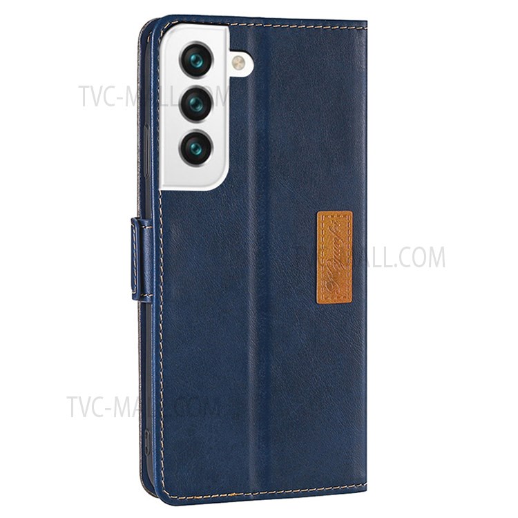 Side Buckle Design Contrast-color Wallet Stand Design Shockproof Full Protection Leather Phone Cover for Samsung Galaxy S22 Plus - Blue/Grey-3