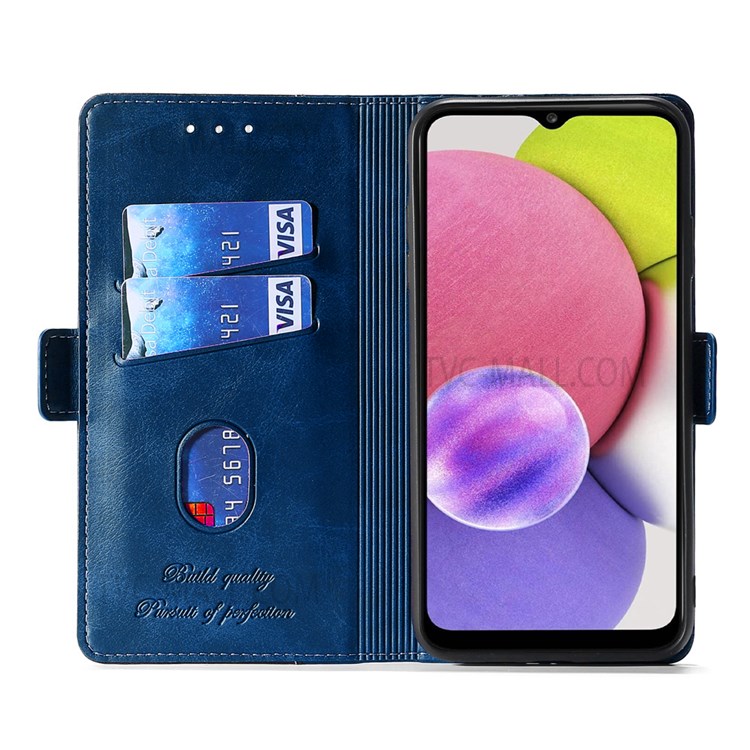 Side Buckle Design Contrast-color Wallet Stand Design Shockproof Full Protection Leather Phone Cover for Samsung Galaxy S22 Plus - Blue/Grey-4
