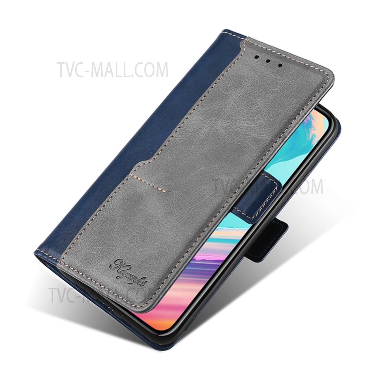 Side Buckle Design Contrast-color Wallet Stand Design Shockproof Full Protection Leather Phone Cover for Samsung Galaxy S22 Plus - Blue/Grey-7