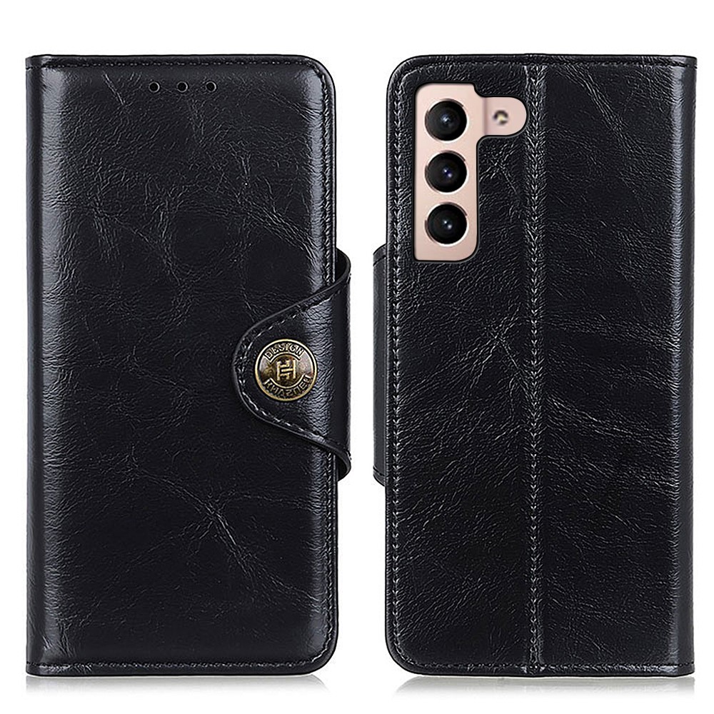 KHAZNEH Full Coverage Magnetic Clasp Closure PU Leather Phone Cover Shell with Stand Wallet for Samsung Galaxy S22 Plus - Black-1