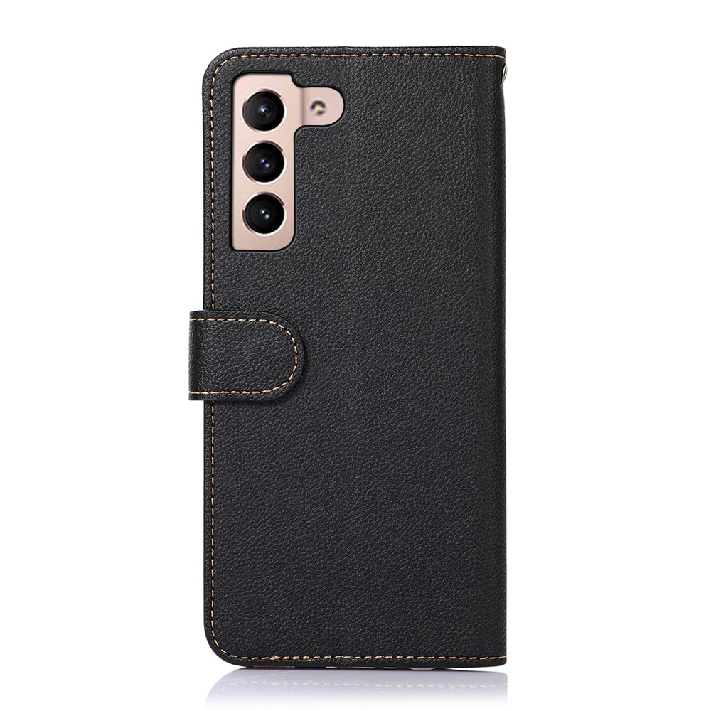 KHAZNEH RFID Blocking Anti-theft Swiping Fully-Wrapped Protection Litchi Texture Leather Wallet Phone Case with Handy Strap for Samsung Galaxy S22 - Black-3