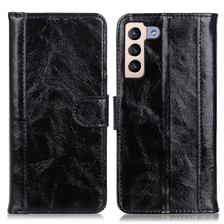 Drop-Resistant Crazy Horse Texture Split Leather Stand Phone Cover Wallet Shell for Samsung Galaxy S22 Plus - Black-1