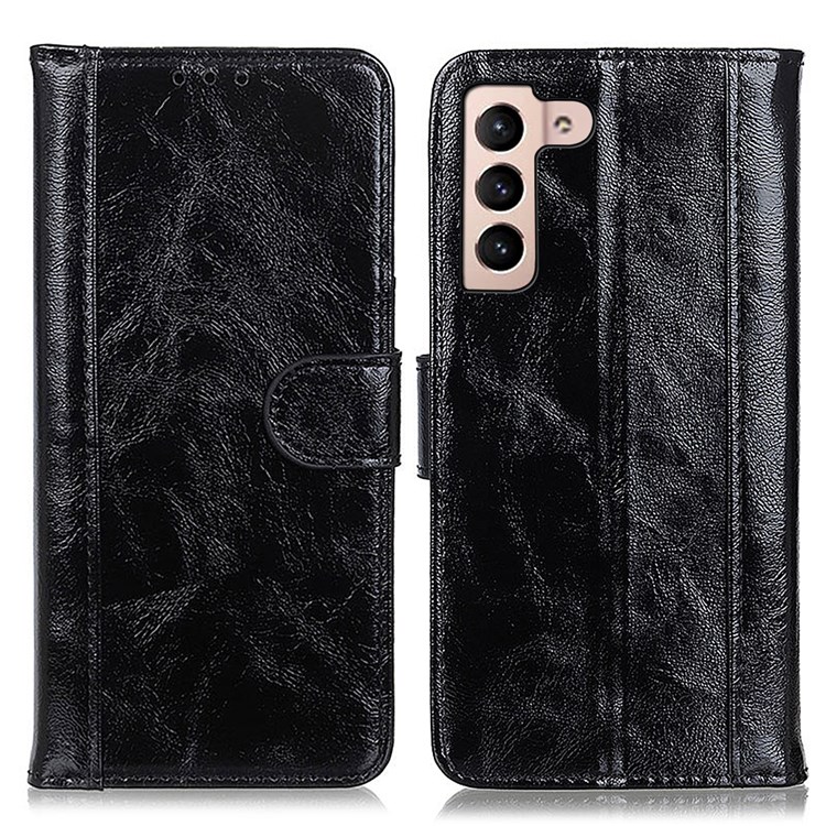 Foldable Stand Crazy Horse Texture Split Leather Phone Cover Wallet Shell for Samsung Galaxy S22 - Black-1