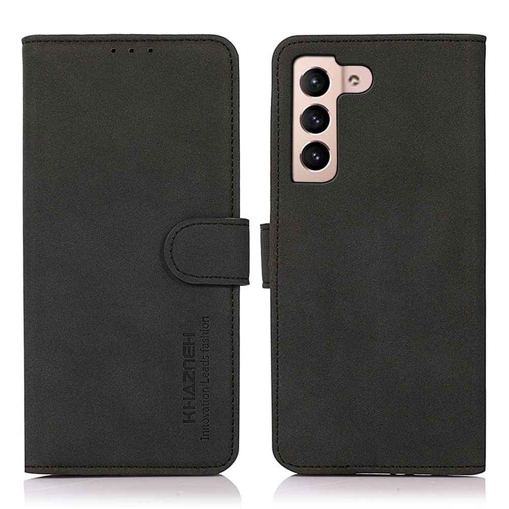 KHAZNEH Wallet Design Book-Style Flip Delicate Textured Leather Phone Cover Stand Case for Samsung Galaxy S22 - Black-1
