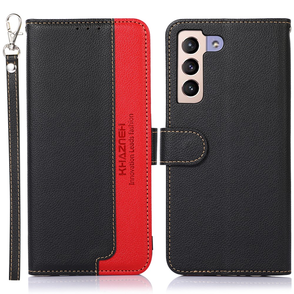 KHAZNEH Scratches Protection RFID Blocking Litchi Texture Leather Wallet Phone Case with Handy Strap for Samsung Galaxy S22 Plus - Black-1