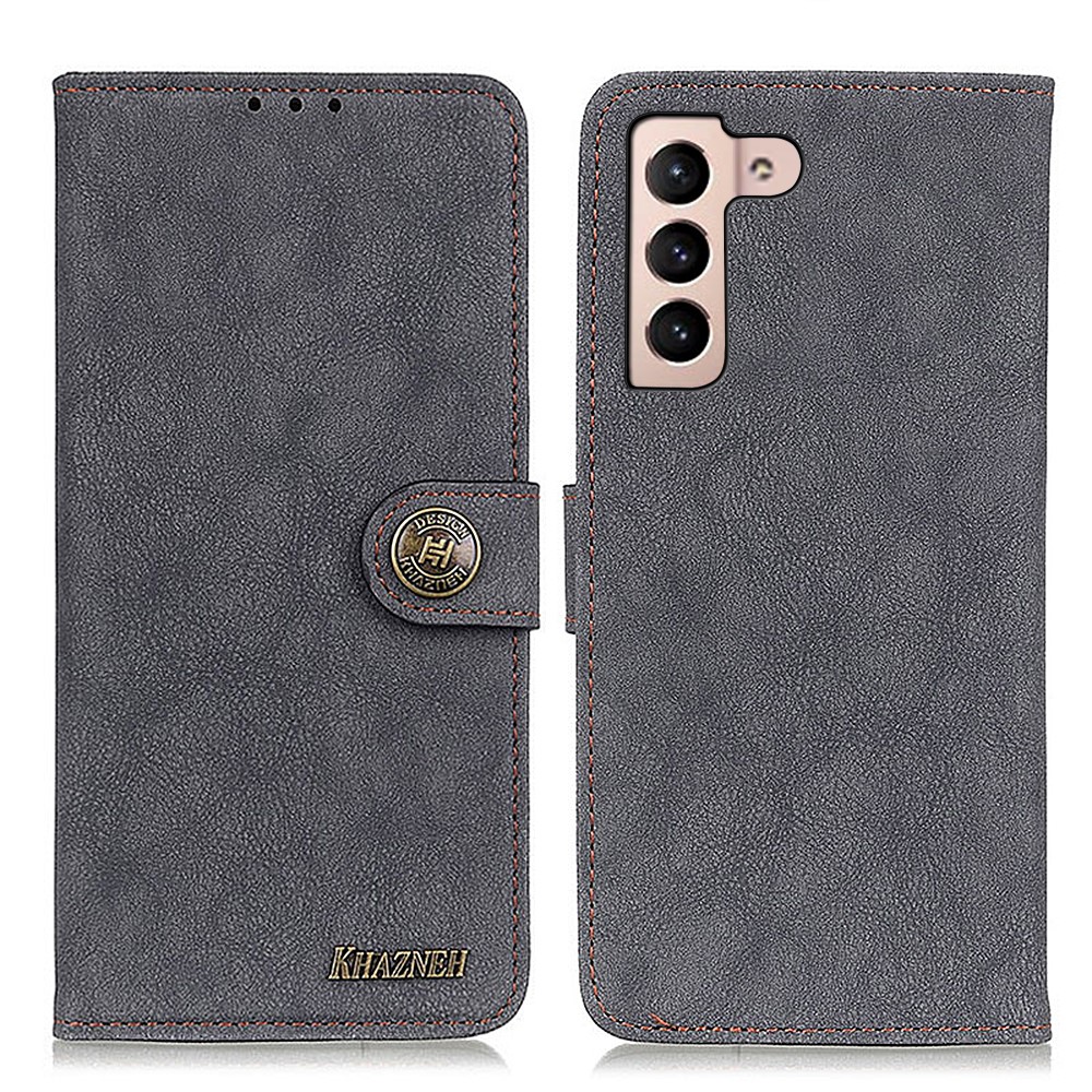 KHAZHEN Multi-Color All-Inclusive Retro Split Leather Stitching Line Phone Case Wallet Stand Cover for Samsung Galaxy S22 Plus - Black-1