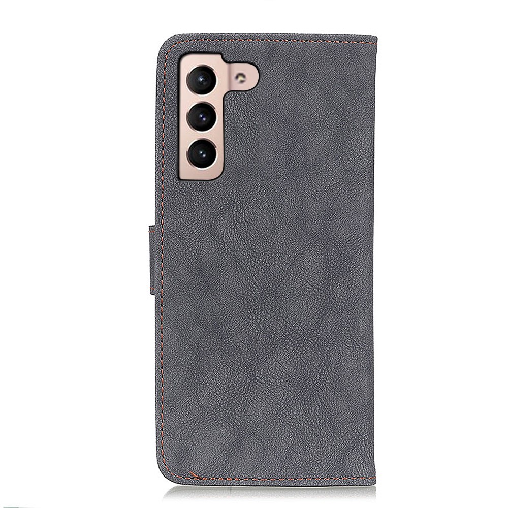 KHAZHEN Multi-Color All-Inclusive Retro Split Leather Stitching Line Phone Case Wallet Stand Cover for Samsung Galaxy S22 Plus - Black-3
